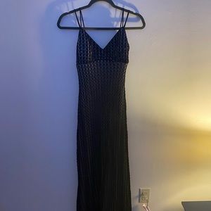 Black lace and beaded top prom dress. Slip style